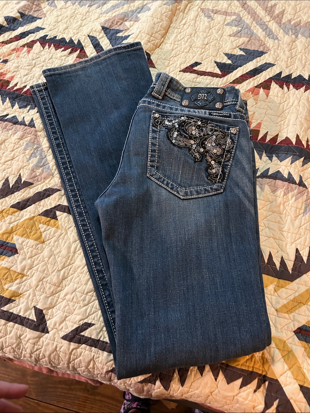 Miss Me Dark Blue Boot Cut Jeans with Embellished Pocket